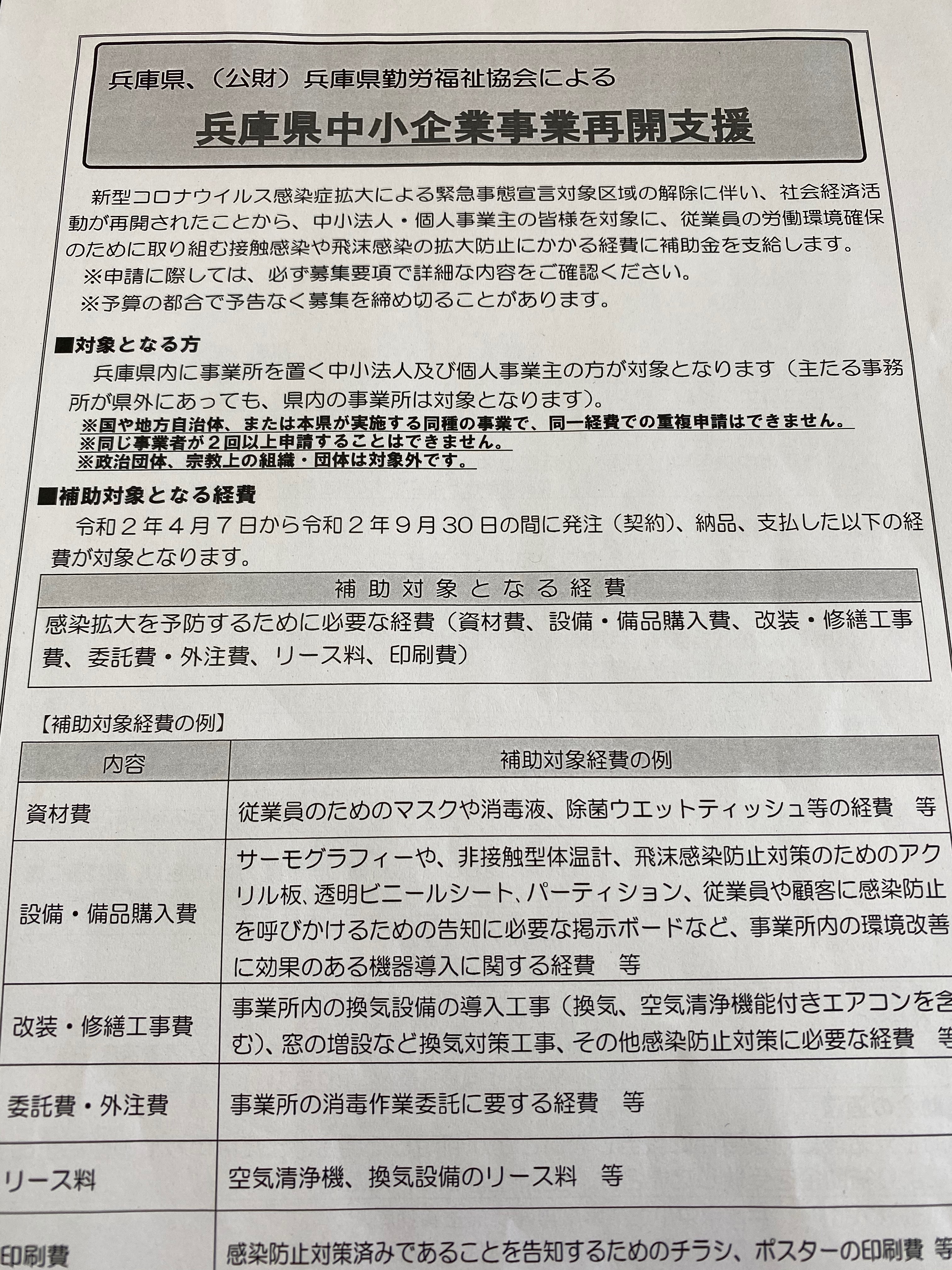 兵庫県中小企業事業再開支援